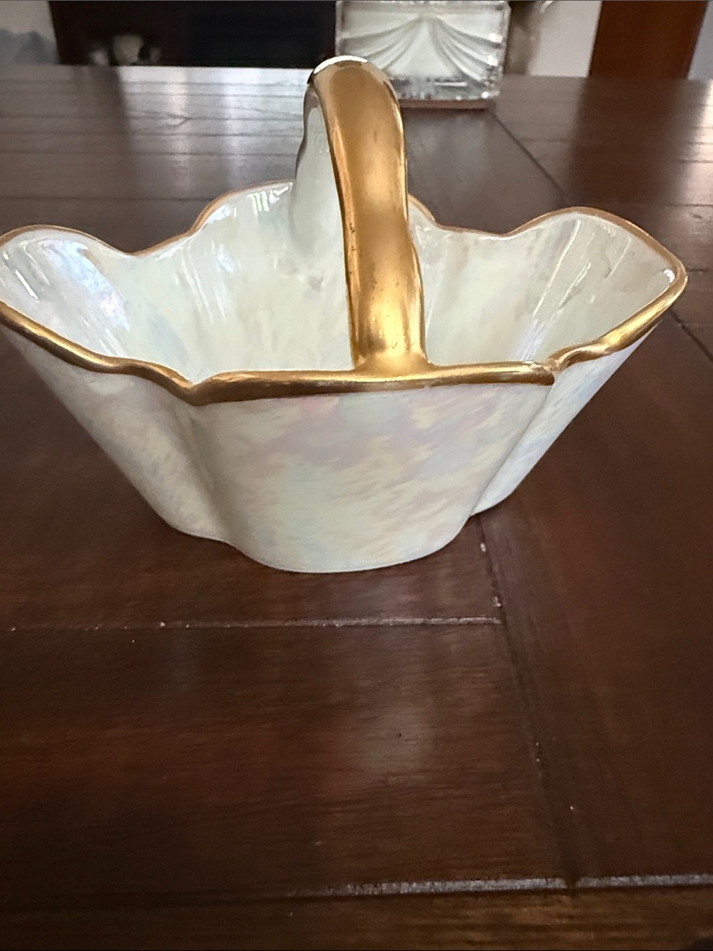 Iridescent White and Gold Ceramic Basket by British Bavaria Helene J. Zwiebel